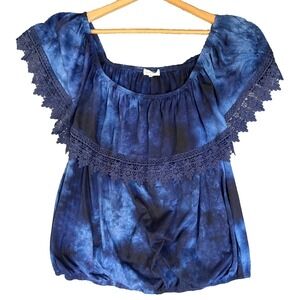 Crochet Lace Trim Tie Dye On Off Shoulder Paper Tee Casual Top Womens 3X Plus